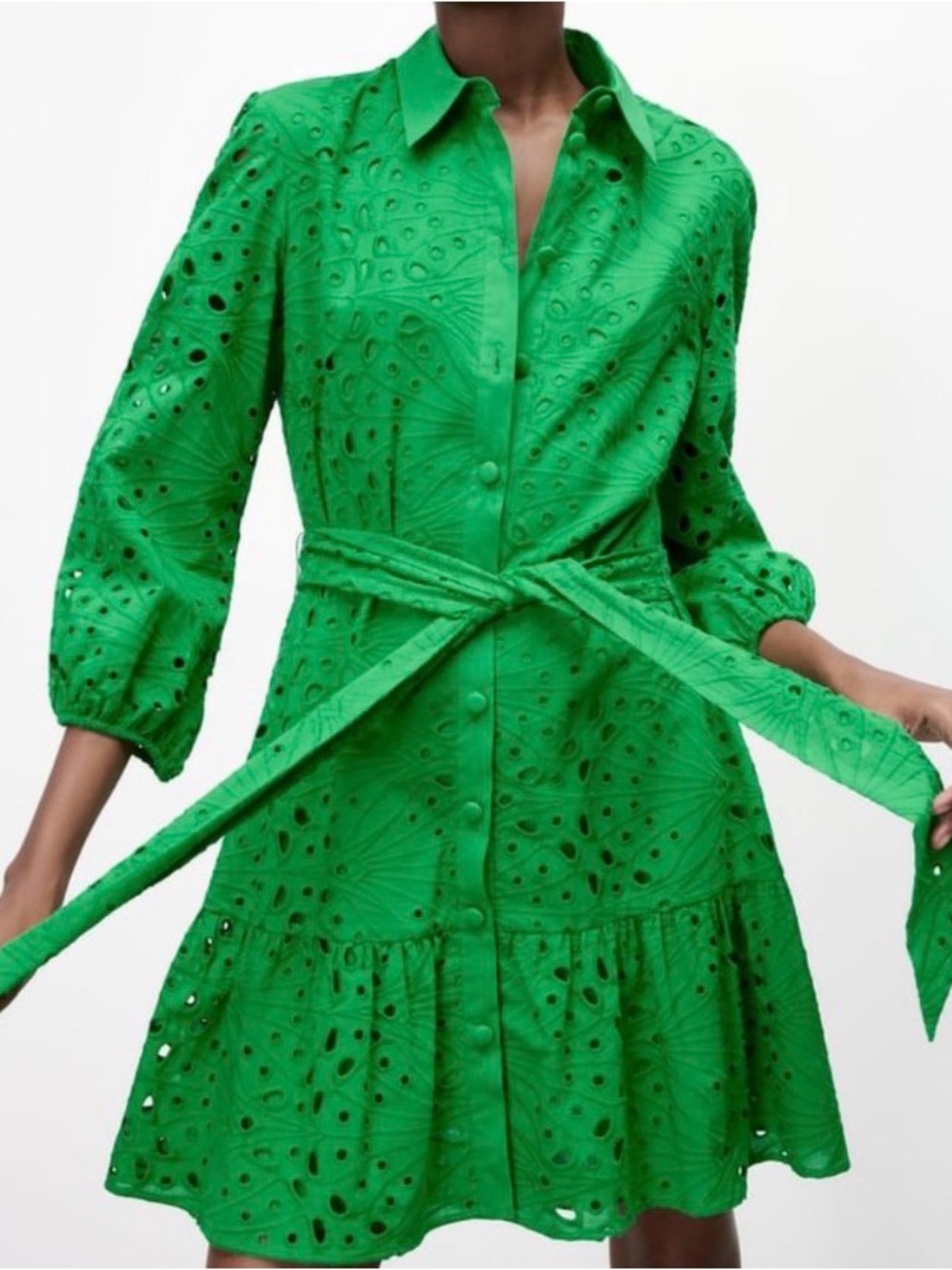 Zara Green Broderie Anglaise Eyelet Belted Mini Shirt Dress, Size M